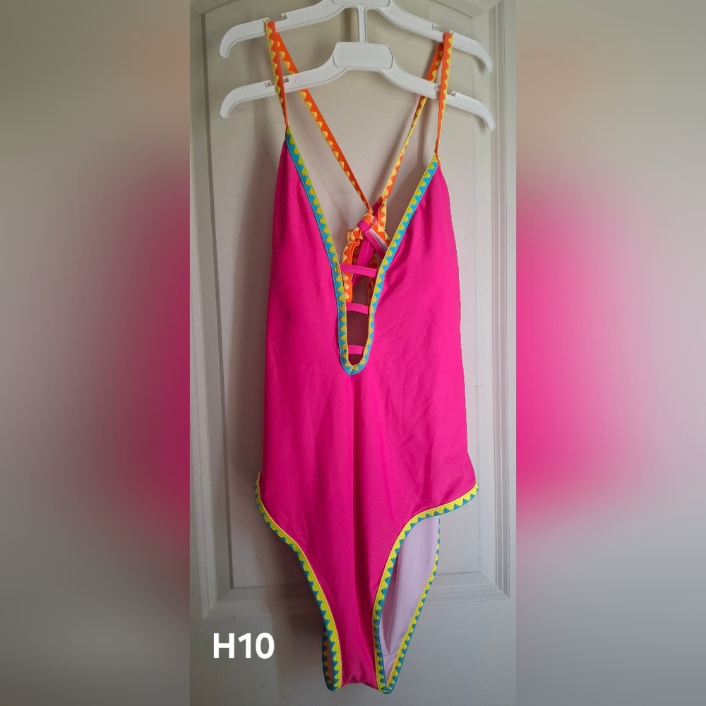 Nwt Popvil One Piece Swimsuit Women XXL Tie Strappy Back Tummy Control Neon Pimj - Picture 2 of 10